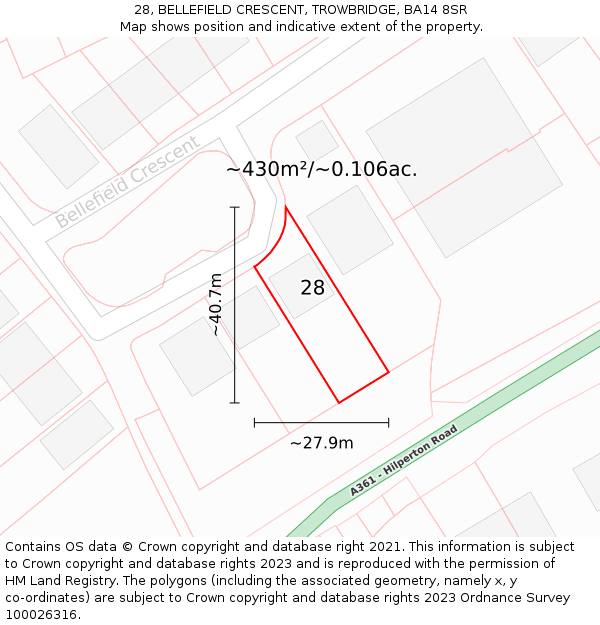 28, BELLEFIELD CRESCENT, TROWBRIDGE, BA14 8SR: Plot and title map