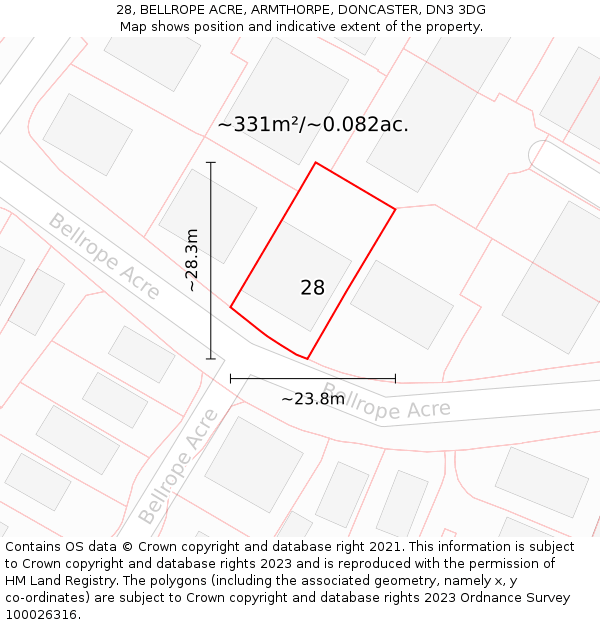 28, BELLROPE ACRE, ARMTHORPE, DONCASTER, DN3 3DG: Plot and title map