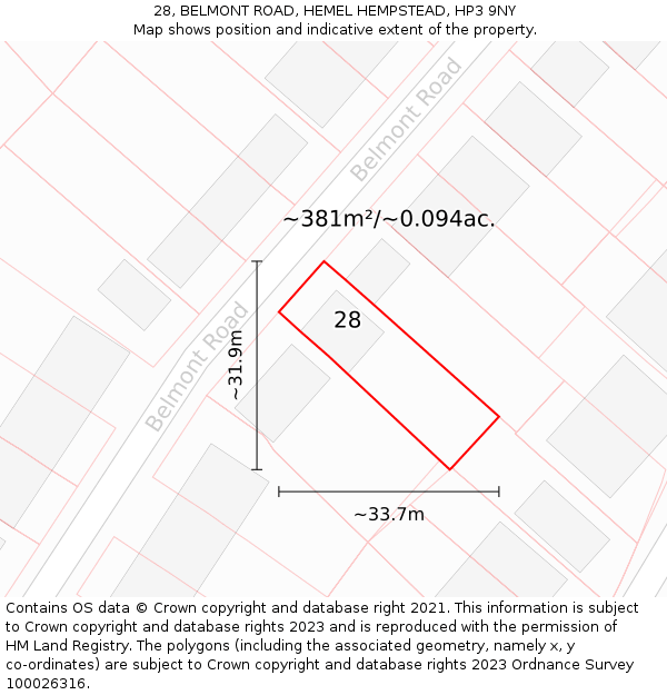 28, BELMONT ROAD, HEMEL HEMPSTEAD, HP3 9NY: Plot and title map