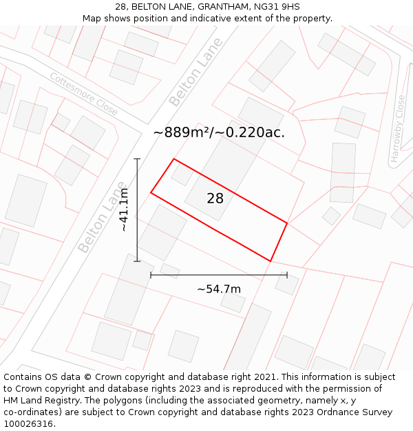 28, BELTON LANE, GRANTHAM, NG31 9HS: Plot and title map