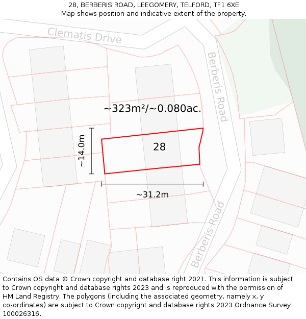 28, BERBERIS ROAD, LEEGOMERY, TELFORD, TF1 6XE: Plot and title map