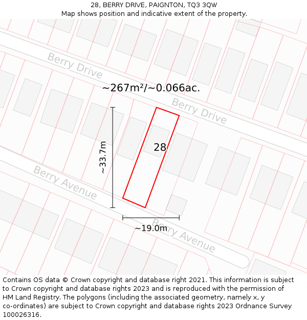 28, BERRY DRIVE, PAIGNTON, TQ3 3QW: Plot and title map
