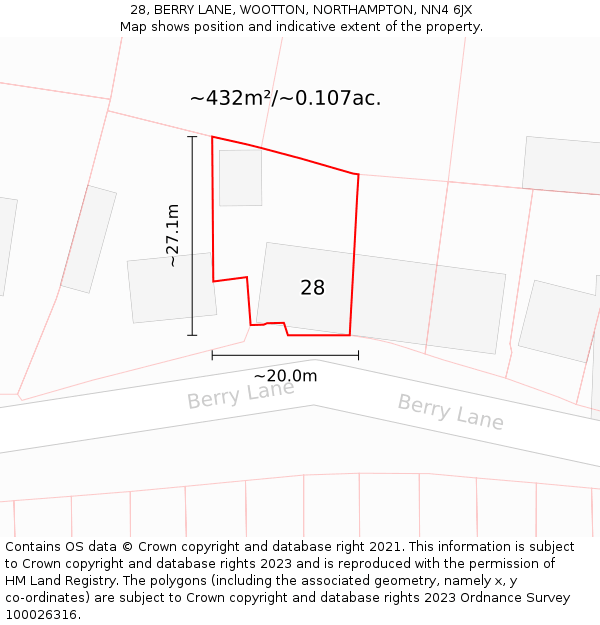 28, BERRY LANE, WOOTTON, NORTHAMPTON, NN4 6JX: Plot and title map