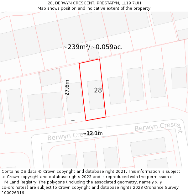 28, BERWYN CRESCENT, PRESTATYN, LL19 7UH: Plot and title map