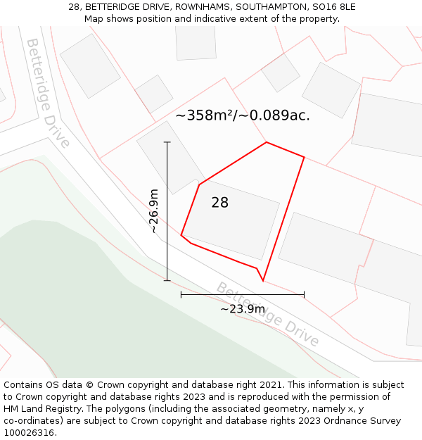 28, BETTERIDGE DRIVE, ROWNHAMS, SOUTHAMPTON, SO16 8LE: Plot and title map