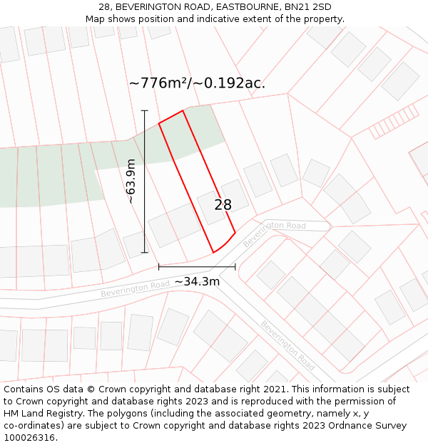 28, BEVERINGTON ROAD, EASTBOURNE, BN21 2SD: Plot and title map
