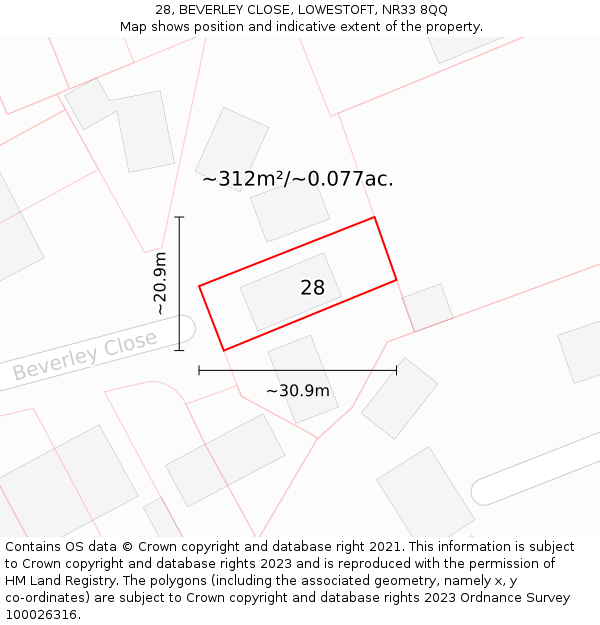 28, BEVERLEY CLOSE, LOWESTOFT, NR33 8QQ: Plot and title map