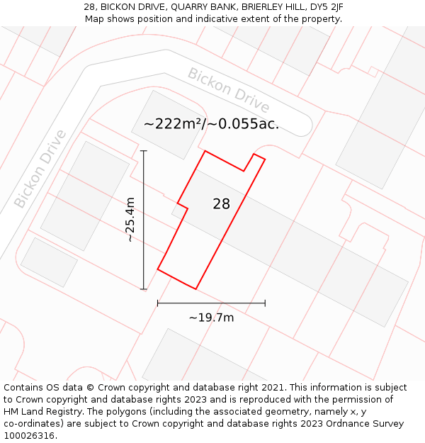 28, BICKON DRIVE, QUARRY BANK, BRIERLEY HILL, DY5 2JF: Plot and title map