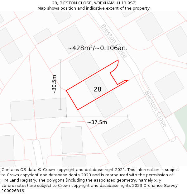 28, BIESTON CLOSE, WREXHAM, LL13 9SZ: Plot and title map