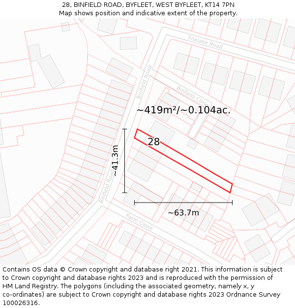 28, BINFIELD ROAD, BYFLEET, WEST BYFLEET, KT14 7PN: Plot and title map