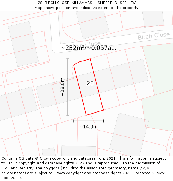 28, BIRCH CLOSE, KILLAMARSH, SHEFFIELD, S21 1FW: Plot and title map