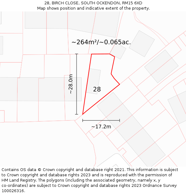 28, BIRCH CLOSE, SOUTH OCKENDON, RM15 6XD: Plot and title map