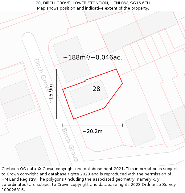 28, BIRCH GROVE, LOWER STONDON, HENLOW, SG16 6EH: Plot and title map