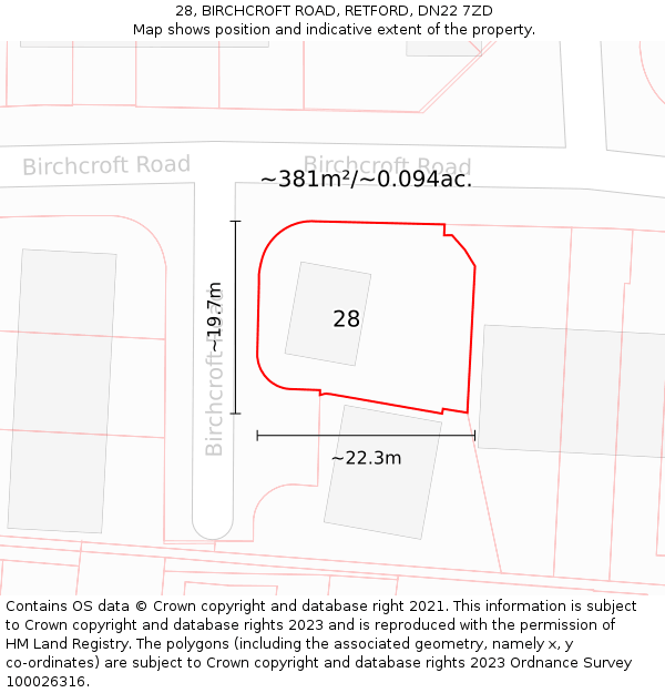 28, BIRCHCROFT ROAD, RETFORD, DN22 7ZD: Plot and title map