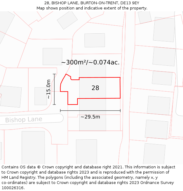 28, BISHOP LANE, BURTON-ON-TRENT, DE13 9EY: Plot and title map