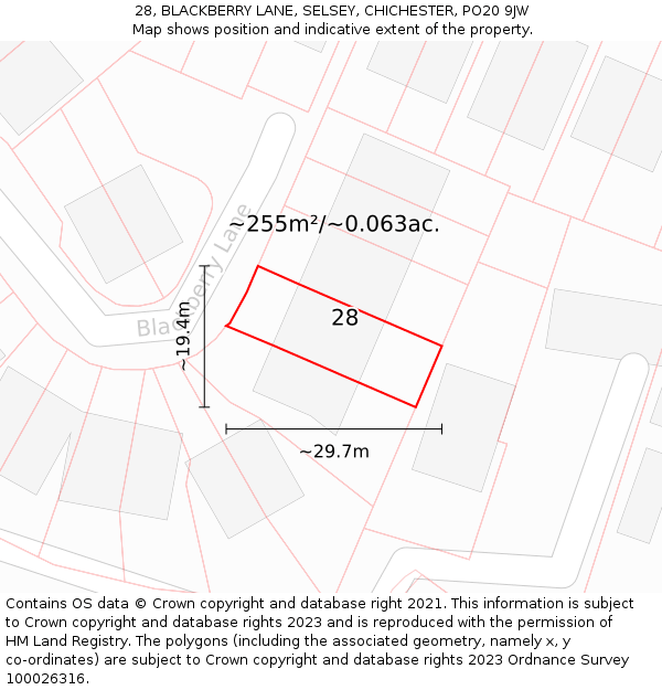 28, BLACKBERRY LANE, SELSEY, CHICHESTER, PO20 9JW: Plot and title map