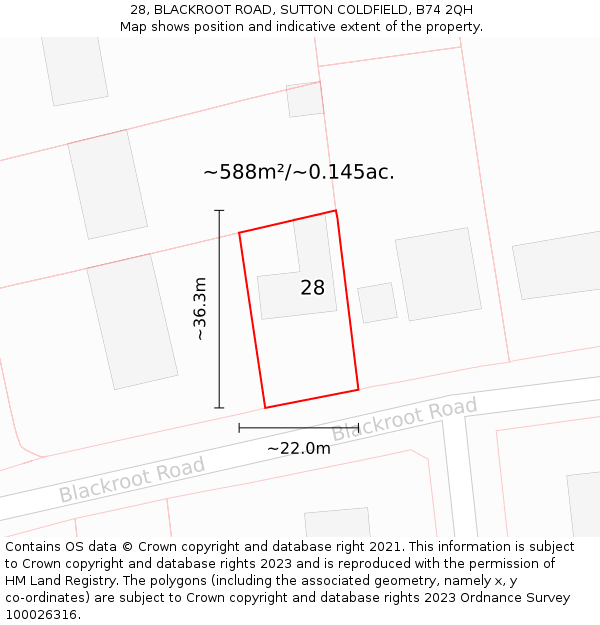 28, BLACKROOT ROAD, SUTTON COLDFIELD, B74 2QH: Plot and title map