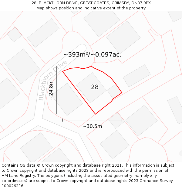 28, BLACKTHORN DRIVE, GREAT COATES, GRIMSBY, DN37 9PX: Plot and title map