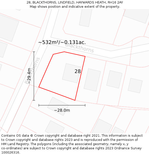 28, BLACKTHORNS, LINDFIELD, HAYWARDS HEATH, RH16 2AY: Plot and title map