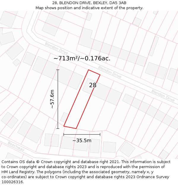 28, BLENDON DRIVE, BEXLEY, DA5 3AB: Plot and title map