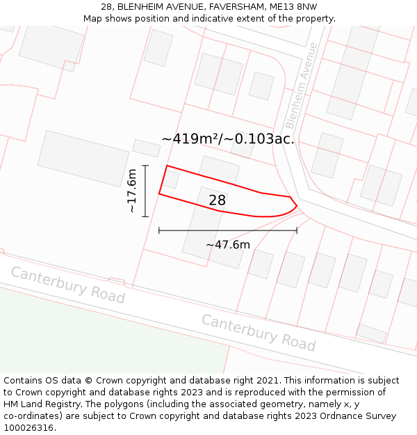 28, BLENHEIM AVENUE, FAVERSHAM, ME13 8NW: Plot and title map