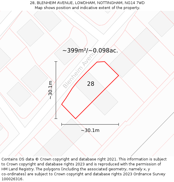 28, BLENHEIM AVENUE, LOWDHAM, NOTTINGHAM, NG14 7WD: Plot and title map