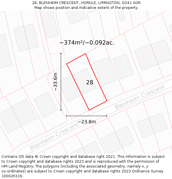 28, BLENHEIM CRESCENT, HORDLE, LYMINGTON, SO41 0GR: Plot and title map