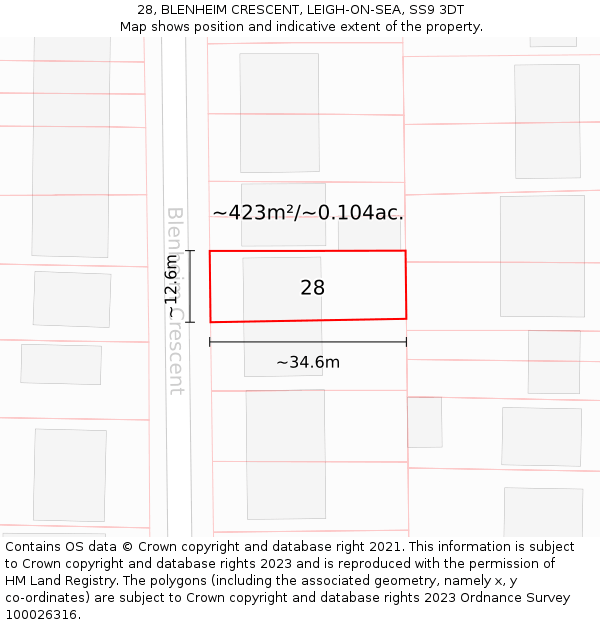 28, BLENHEIM CRESCENT, LEIGH-ON-SEA, SS9 3DT: Plot and title map