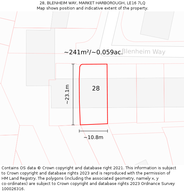 28, BLENHEIM WAY, MARKET HARBOROUGH, LE16 7LQ: Plot and title map