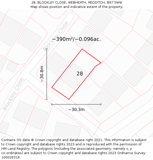 28, BLOCKLEY CLOSE, WEBHEATH, REDDITCH, B97 5WW: Plot and title map