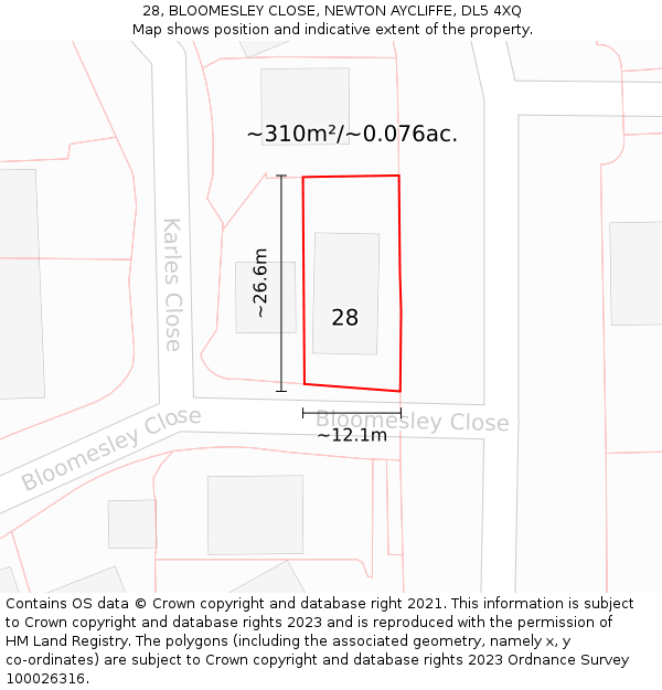 28, BLOOMESLEY CLOSE, NEWTON AYCLIFFE, DL5 4XQ: Plot and title map