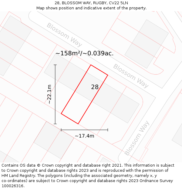 28, BLOSSOM WAY, RUGBY, CV22 5LN: Plot and title map