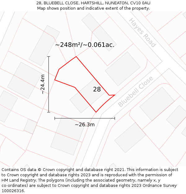 28, BLUEBELL CLOSE, HARTSHILL, NUNEATON, CV10 0AU: Plot and title map