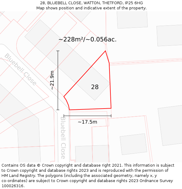 28, BLUEBELL CLOSE, WATTON, THETFORD, IP25 6HG: Plot and title map