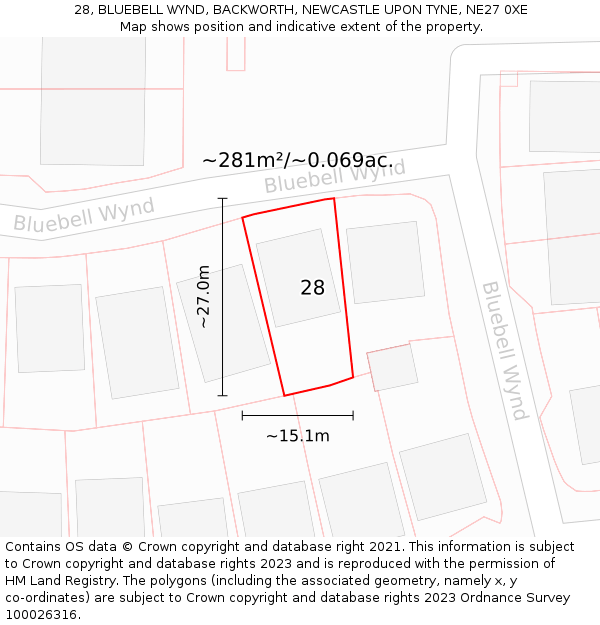 28, BLUEBELL WYND, BACKWORTH, NEWCASTLE UPON TYNE, NE27 0XE: Plot and title map