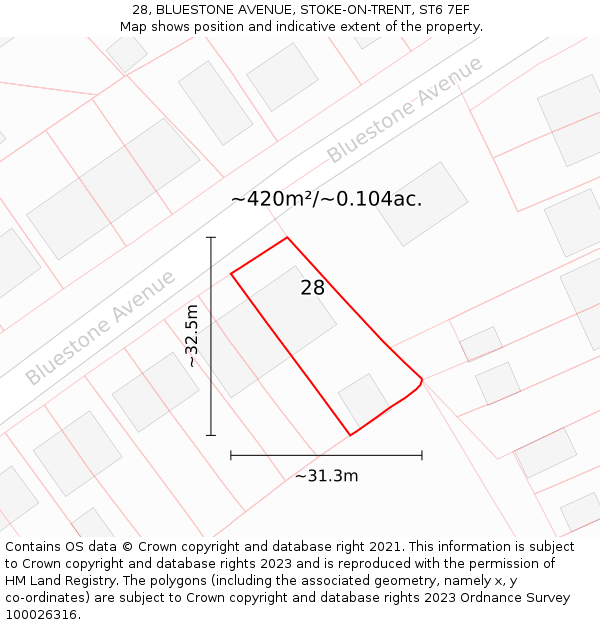 28, BLUESTONE AVENUE, STOKE-ON-TRENT, ST6 7EF: Plot and title map