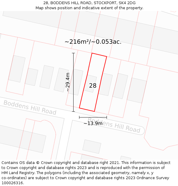 28, BODDENS HILL ROAD, STOCKPORT, SK4 2DG: Plot and title map