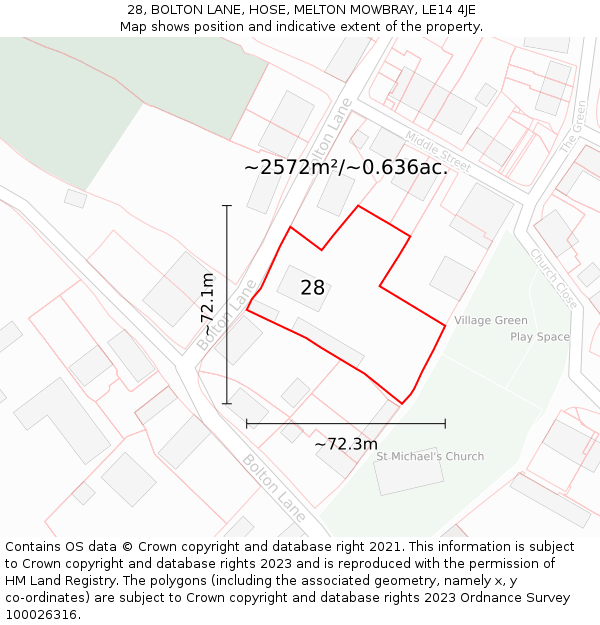 28, BOLTON LANE, HOSE, MELTON MOWBRAY, LE14 4JE: Plot and title map