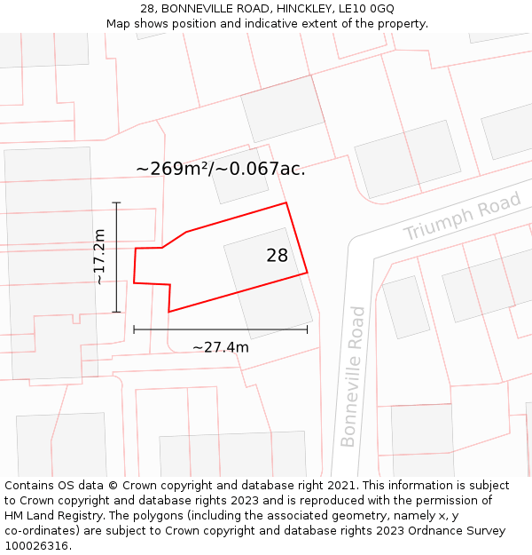 28, BONNEVILLE ROAD, HINCKLEY, LE10 0GQ: Plot and title map