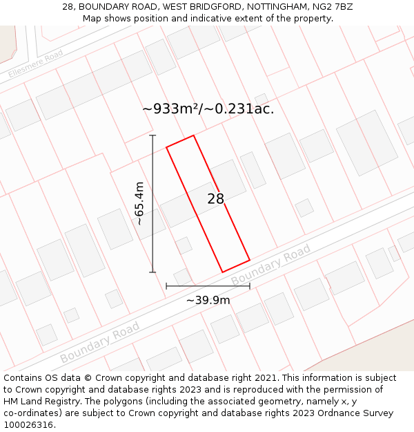 28, BOUNDARY ROAD, WEST BRIDGFORD, NOTTINGHAM, NG2 7BZ: Plot and title map