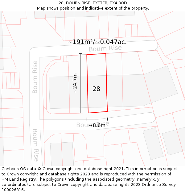 28, BOURN RISE, EXETER, EX4 8QD: Plot and title map