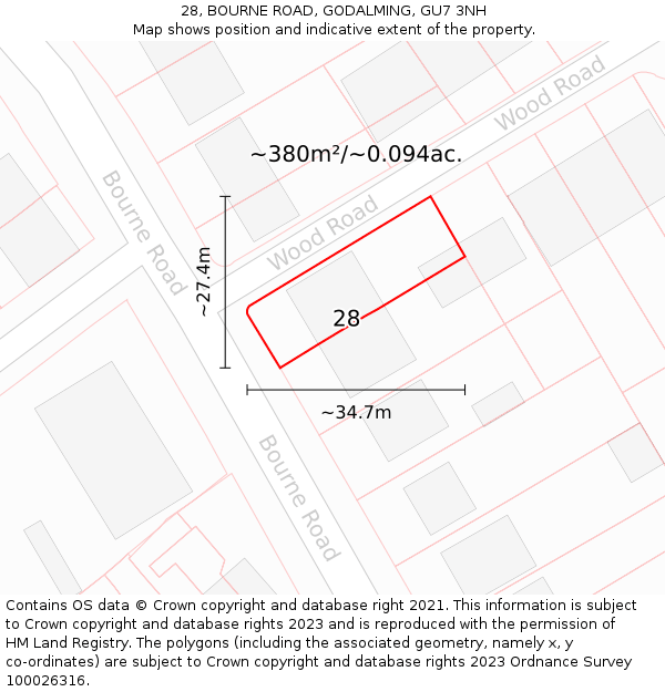 28, BOURNE ROAD, GODALMING, GU7 3NH: Plot and title map