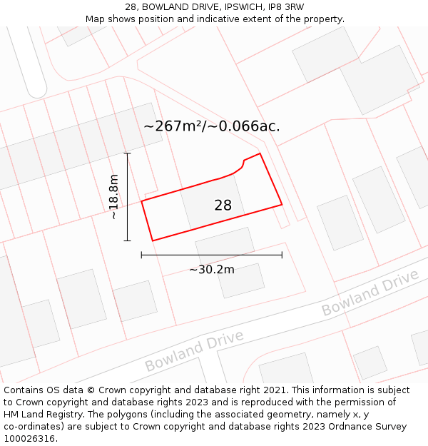 28, BOWLAND DRIVE, IPSWICH, IP8 3RW: Plot and title map