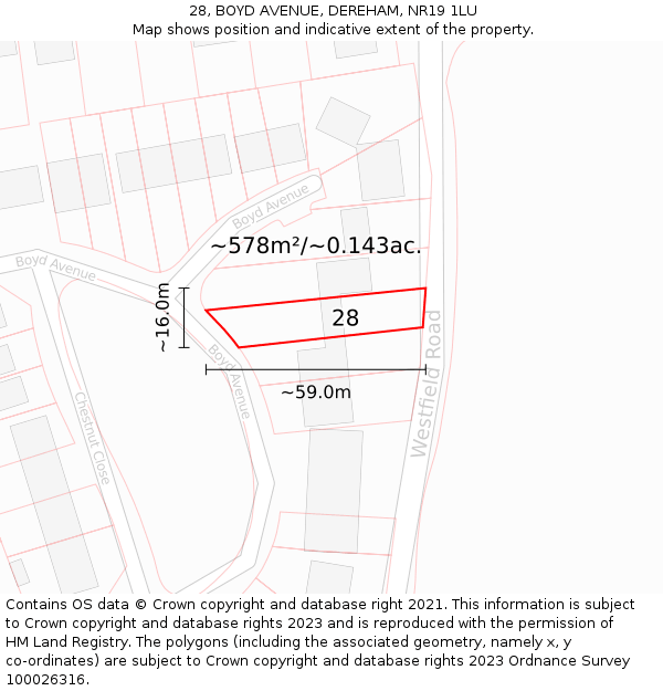 28, BOYD AVENUE, DEREHAM, NR19 1LU: Plot and title map