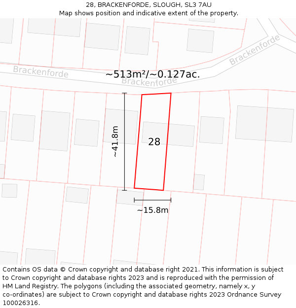 28, BRACKENFORDE, SLOUGH, SL3 7AU: Plot and title map