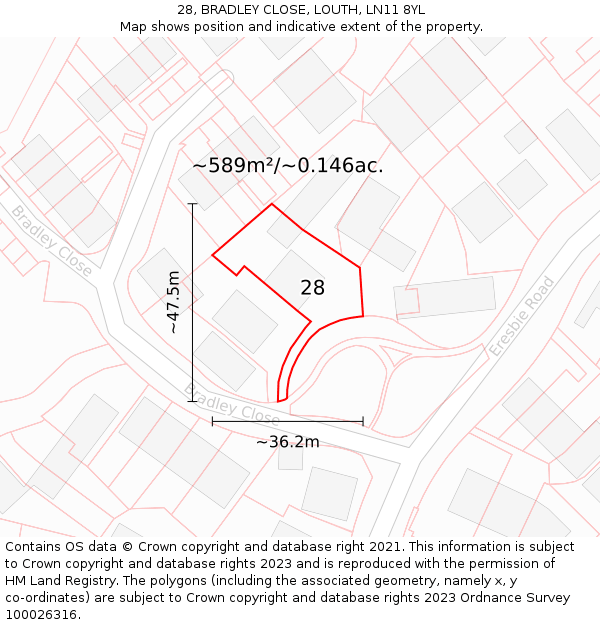 28, BRADLEY CLOSE, LOUTH, LN11 8YL: Plot and title map