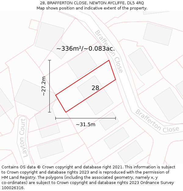 28, BRAFFERTON CLOSE, NEWTON AYCLIFFE, DL5 4RQ: Plot and title map