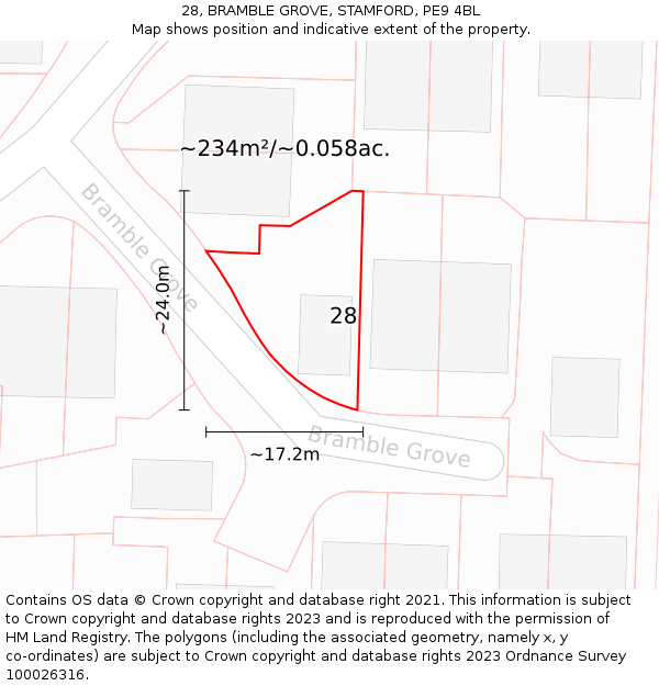 28, BRAMBLE GROVE, STAMFORD, PE9 4BL: Plot and title map