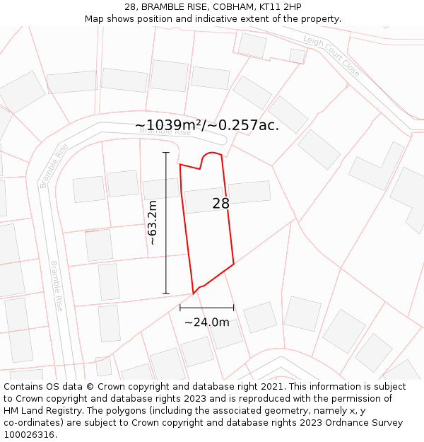 28, BRAMBLE RISE, COBHAM, KT11 2HP: Plot and title map