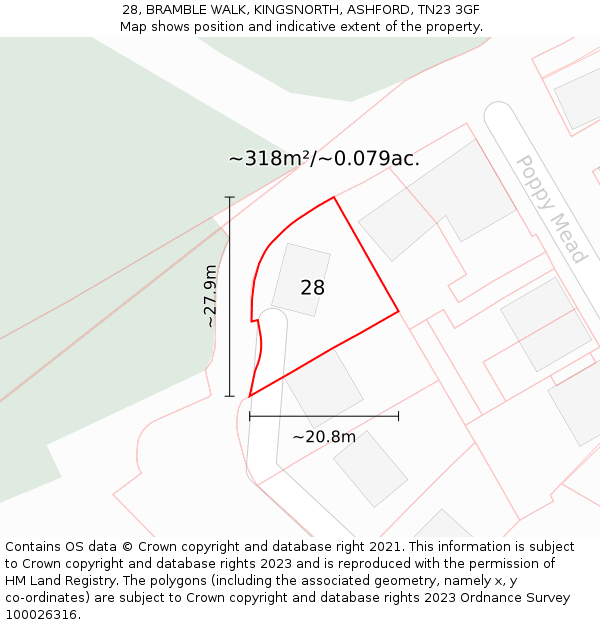 28, BRAMBLE WALK, KINGSNORTH, ASHFORD, TN23 3GF: Plot and title map